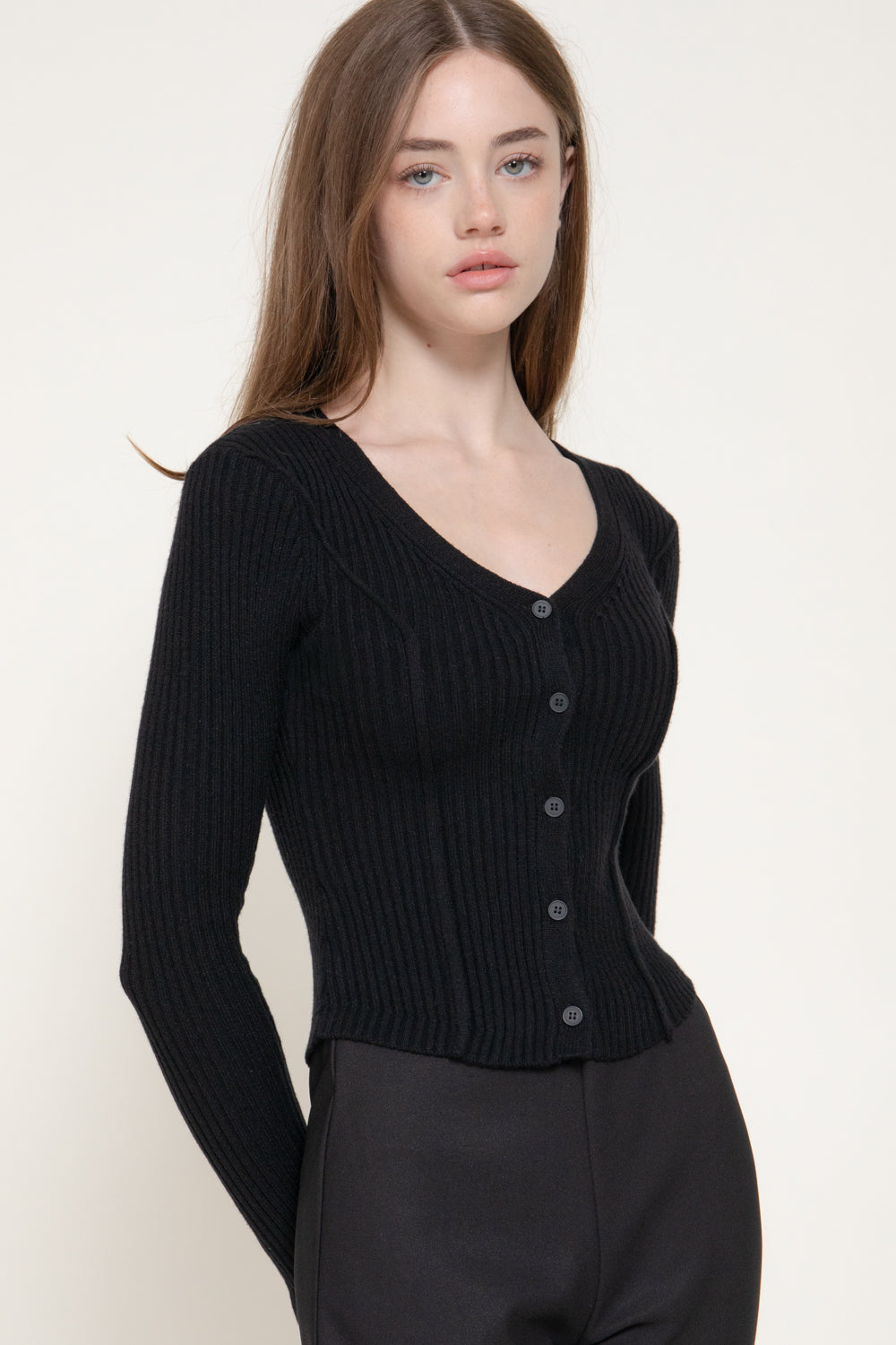 V-Neck Pointed-Hem Cardigan – Black & Heather Taupe – Black – View 2