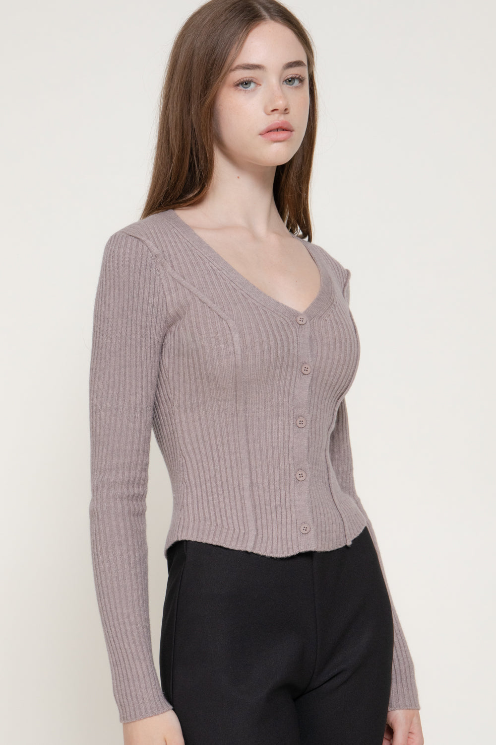 V-Neck Pointed-Hem Cardigan – Black & Heather Taupe – Heather Taupe – View 3