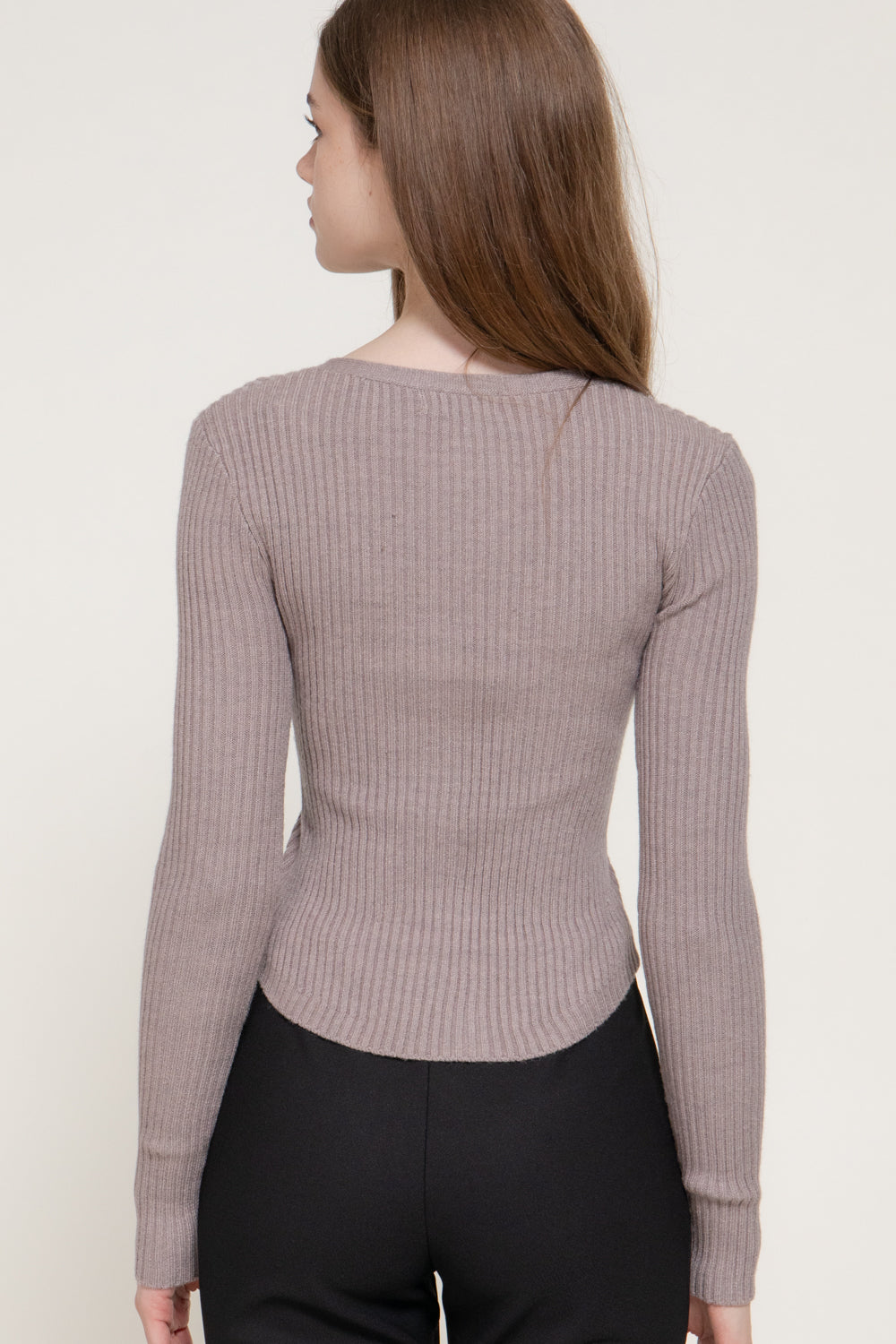 V-Neck Pointed-Hem Cardigan – Black & Heather Taupe – Heather Taupe – View 4