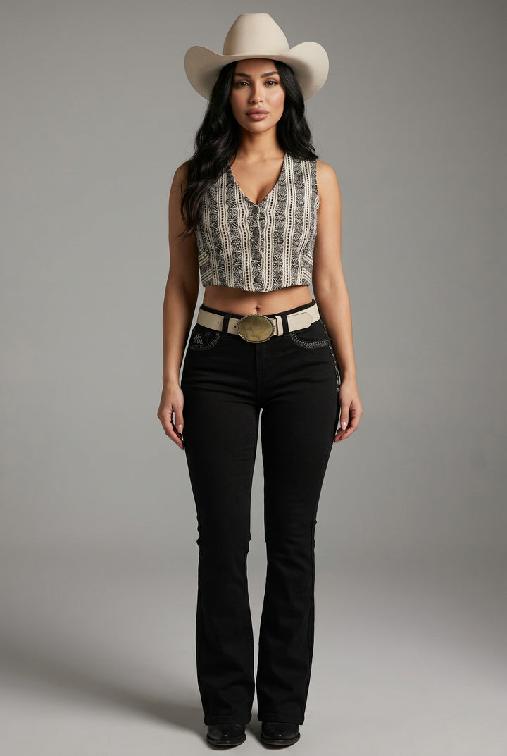 Front view of Sexy Couture black mid-rise slim bootcut jeans with western embroidery