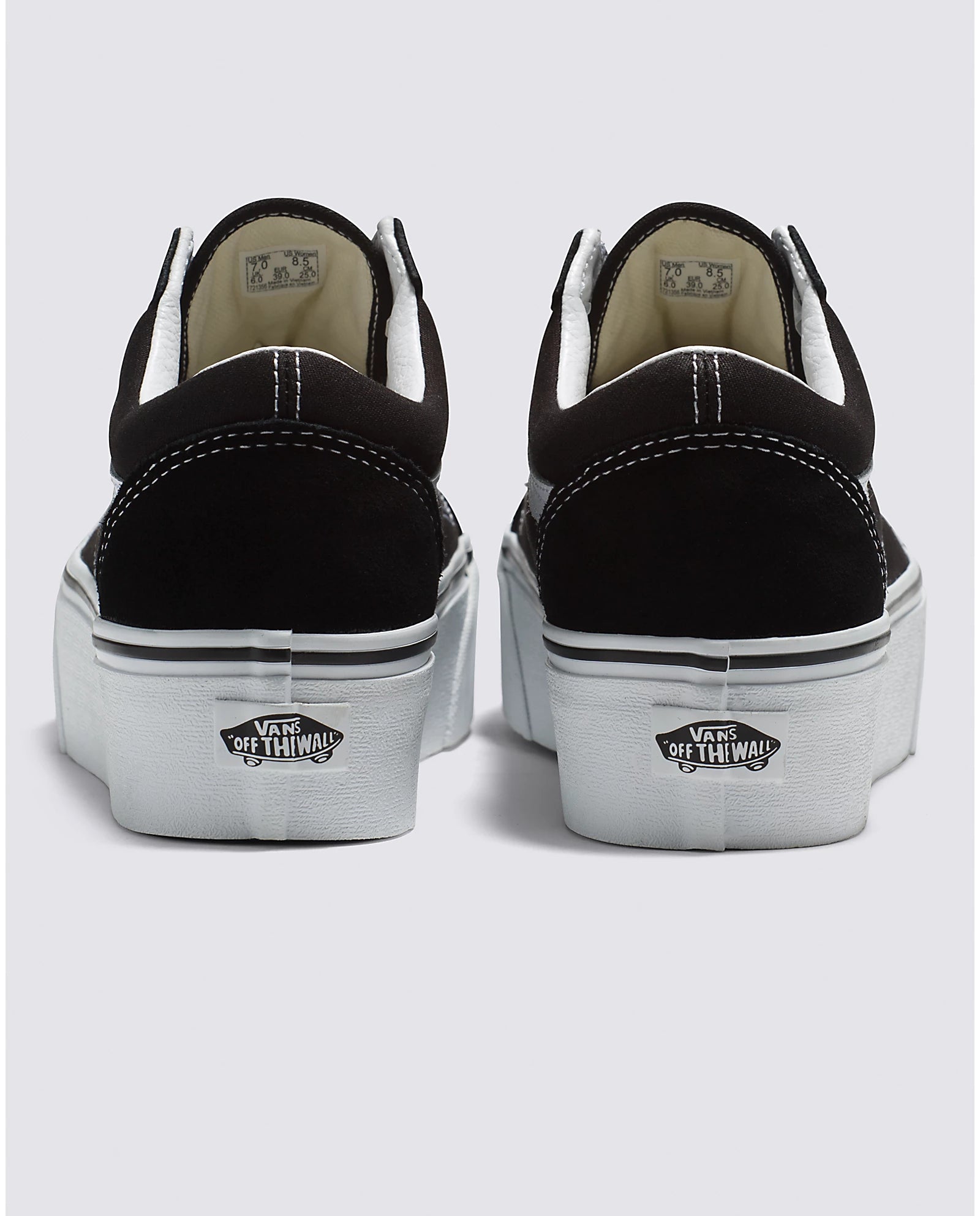 Bella Moda Latina Old Skool Stackform sneakers showing black and white color blocking with chunky soles and stylish design.