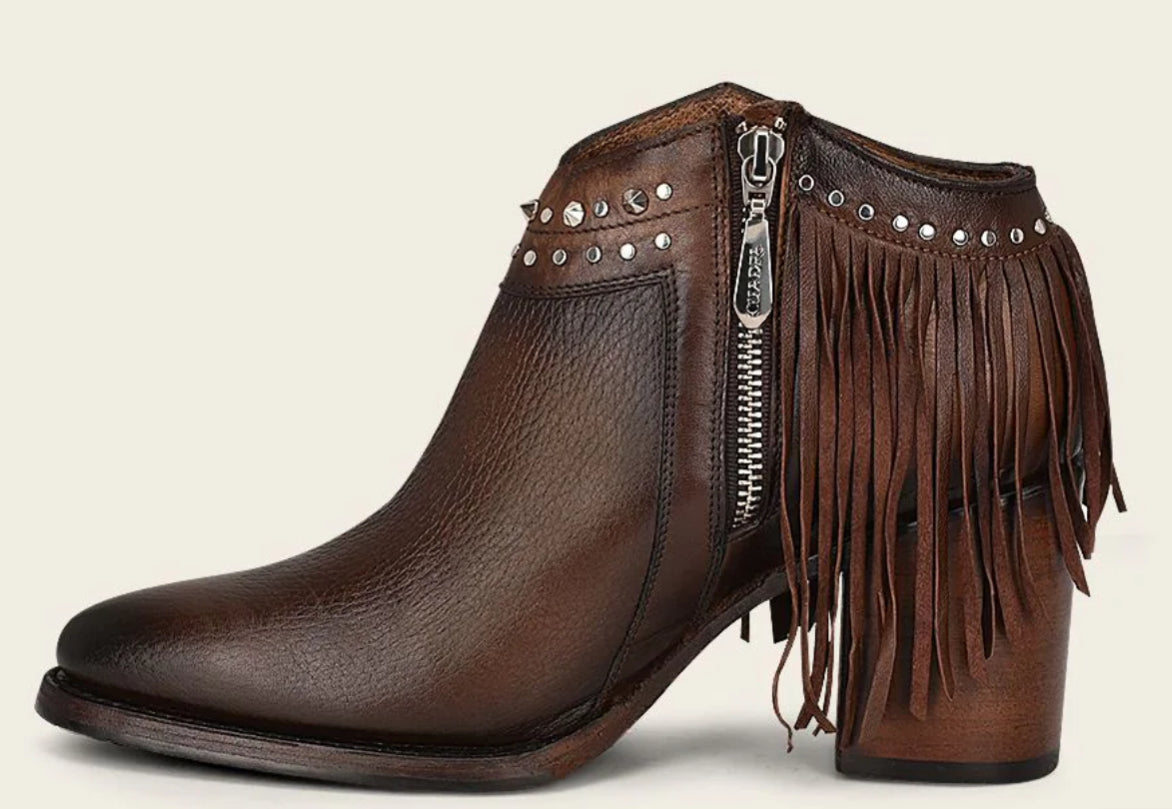 Bella Moda Latina LD chocolate pointed toe shoes with zipper, studs, fringe details, and a sleek, stylish design.