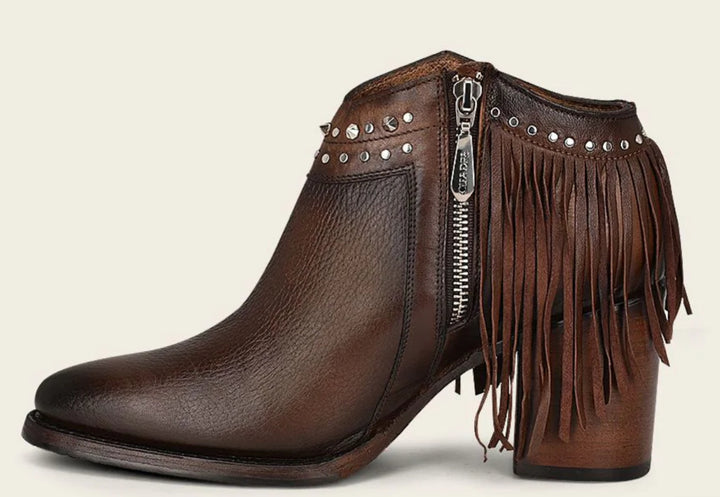 Bella Moda Latina LD chocolate pointed toe shoes with zipper, studs, fringe details, and a sleek, stylish design.