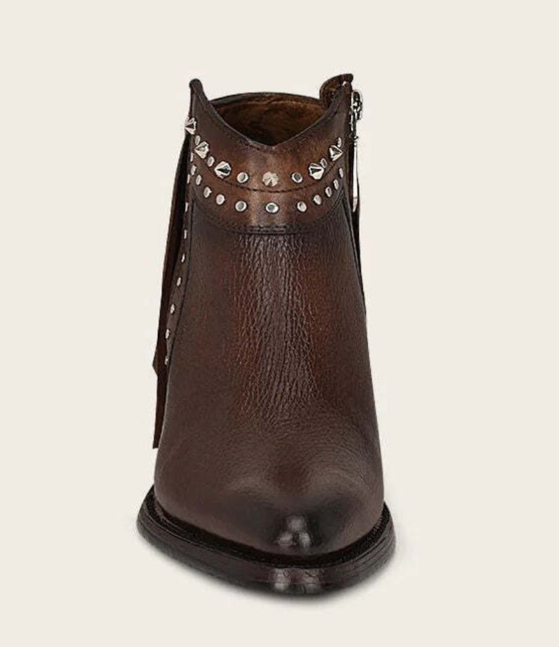 Bella Moda Latina LD chocolate pointed toe shoes with zipper, studs, and fringe detailing, showcasing a stylish design and intricate accents.