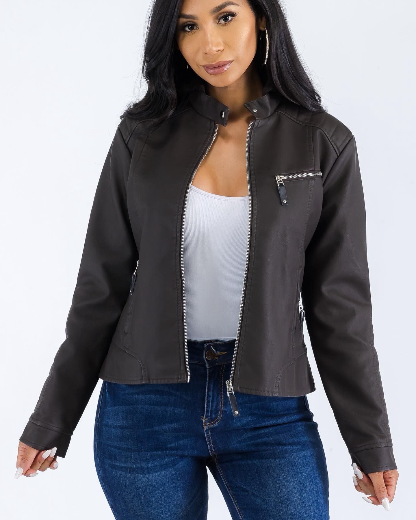PU JACKET WITH HOOD - Vella Moda