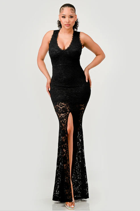Deep V neck lace mermaid maxi dress by Bella Moda Latina, featuring elegant lace details and a flowing silhouette.