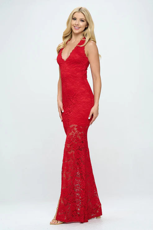 Deep V neck lace mermaid maxi dress by Bella Moda Latina, featuring intricate lace details and a fitted silhouette.