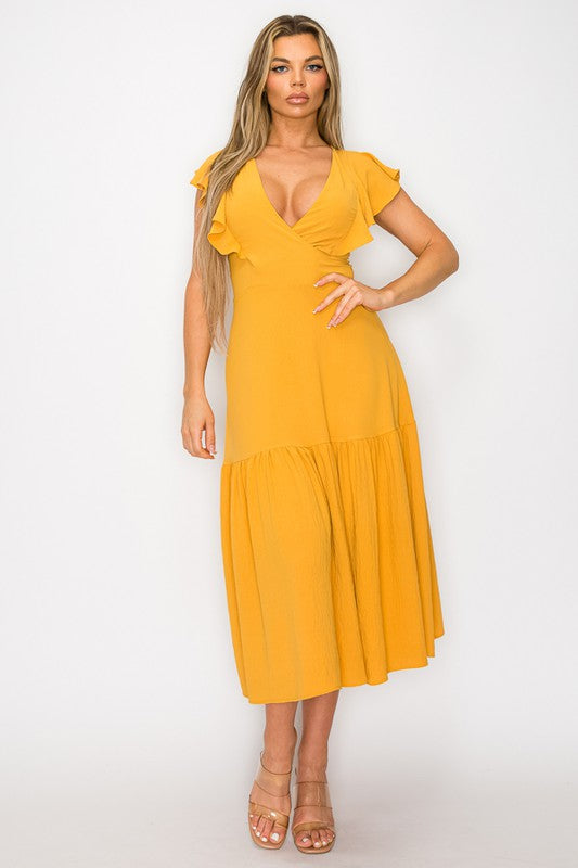 Long Dress With Short Ruffle Sleeves - Vella Moda