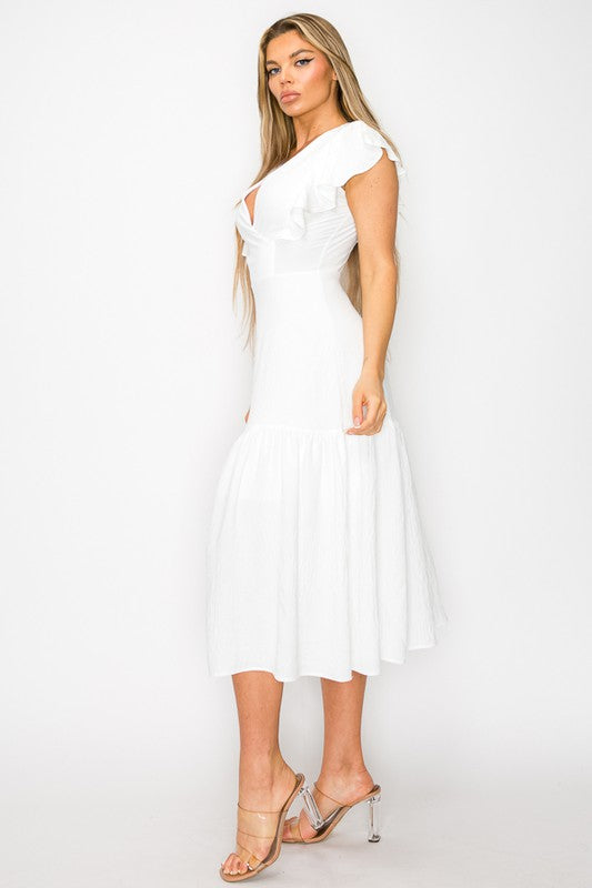 Long Dress With Short Ruffle Sleeves - Vella Moda