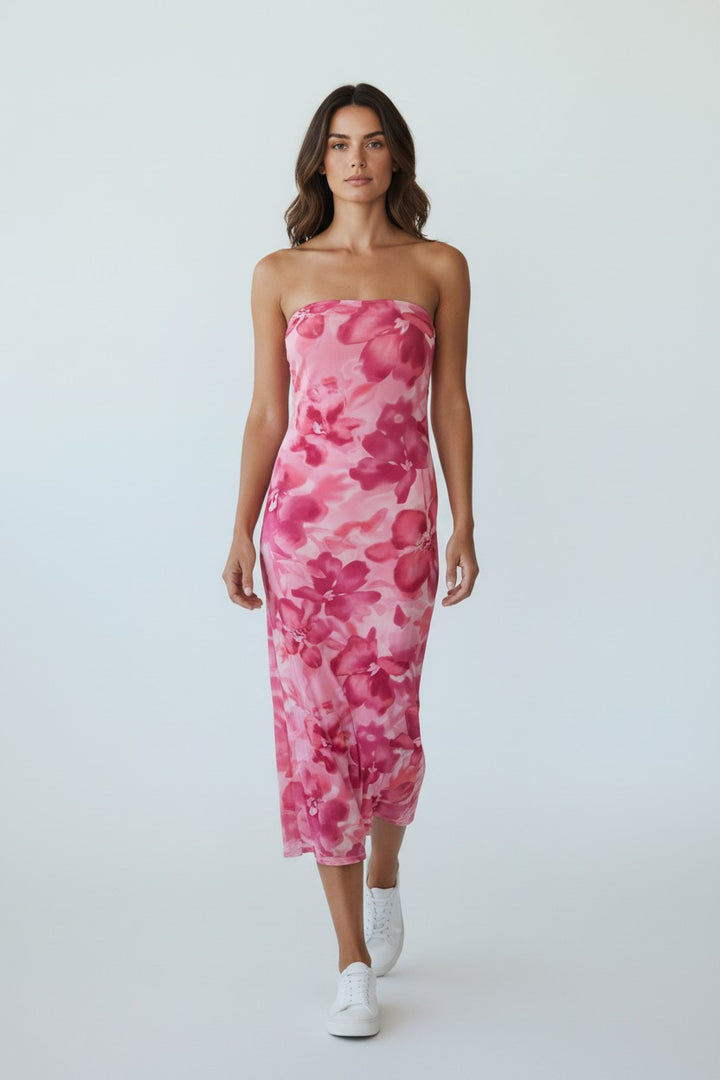 Pink Floral Strapless Midi Dress