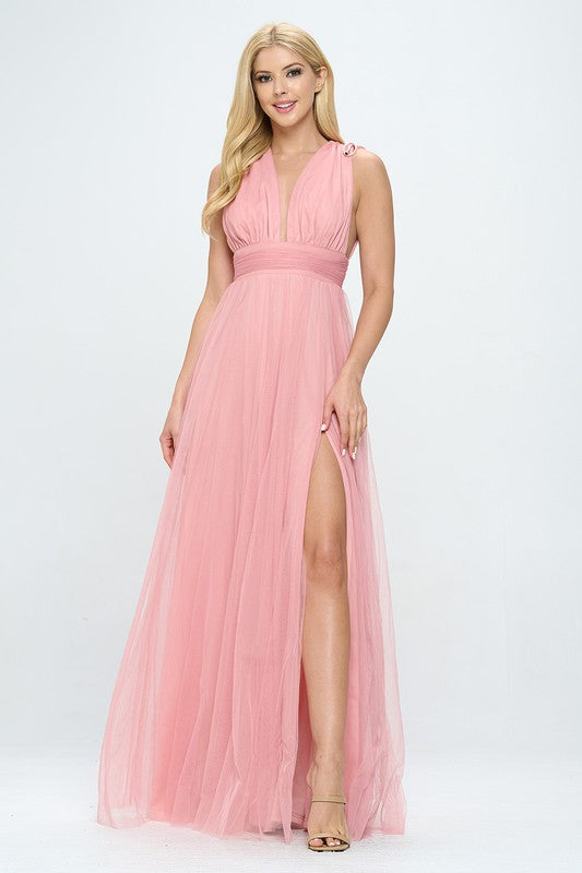 Bella Moda Latina layered tulle maxi dress with plunging neckline, elegant, flowing design perfect for formal occasions.
