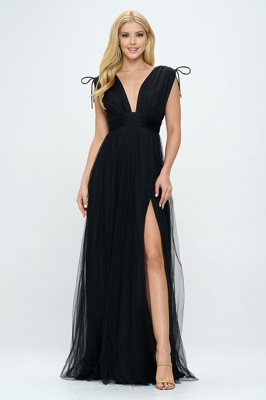 Bella Moda Latina layered tulle maxi dress with plunging neckline, elegant and flowing for formal or special occasions.