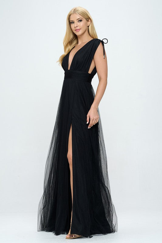 Bella Moda Latina layered tulle maxi dress with plunging neckline, flowing fabric, and elegant design, perfect for formal occasions.