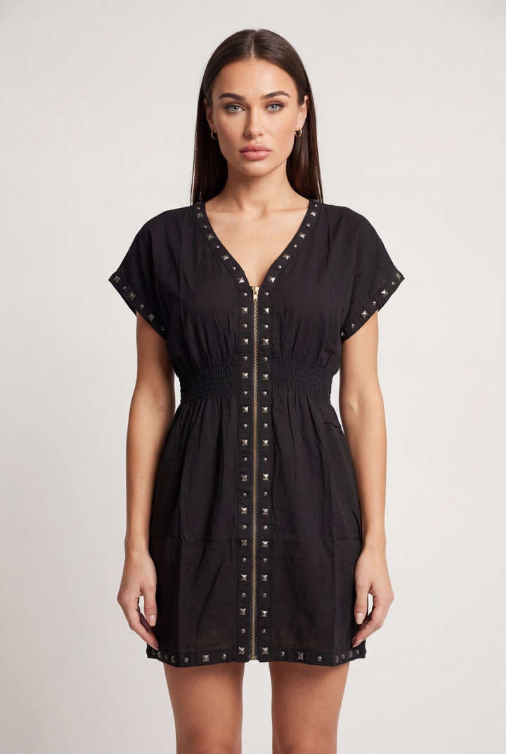 Studded Zip Front Mini Dress – Black & Mocha