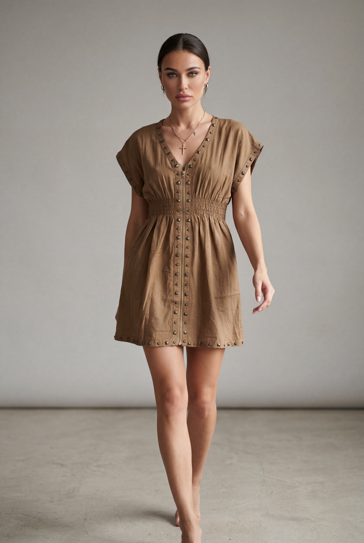 Studded Zip Front Mini Dress – Black & Mocha
