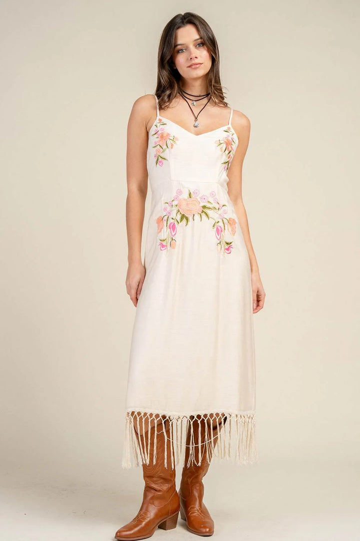 Floral Embroidered Fringe Hem Midi Dress