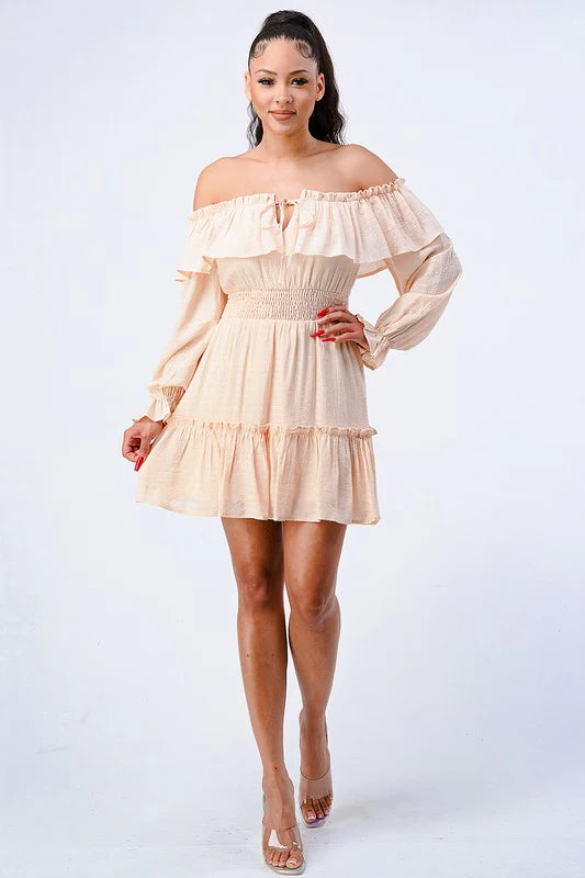 Off-Shoulder Ruffled Smocked Mini Dress