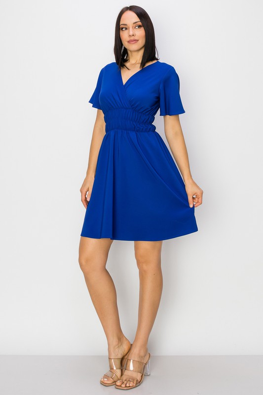 Solid V-Neck Dress - Vella Moda