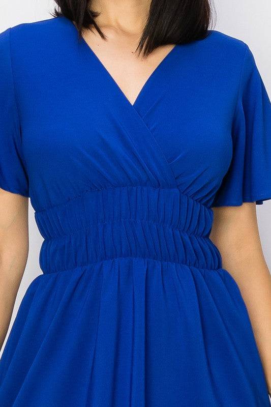 Solid V-Neck Dress - Vella Moda