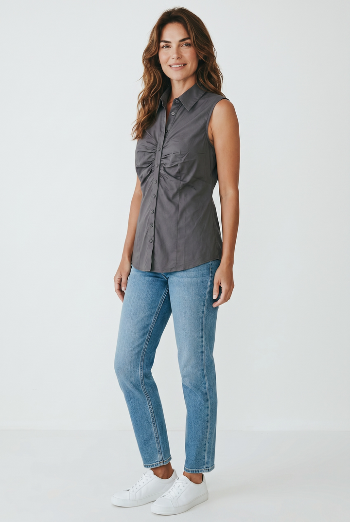 Sleeveless Ruched Button-Up Blouse – Tailored Stretch Top