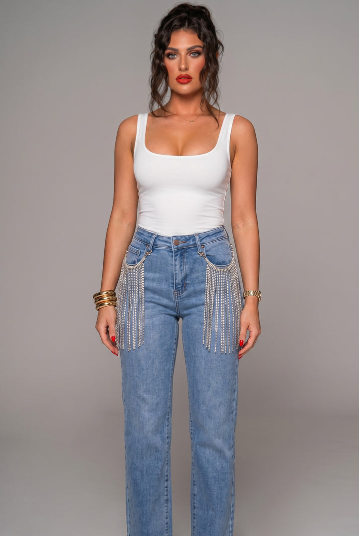 Light Wash Rhinestone Fringe Straight-Leg Jeans