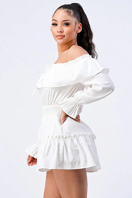 Bella Moda Latina off-shoulder romper with ruffled layered puff sleeves in a vibrant blue color.