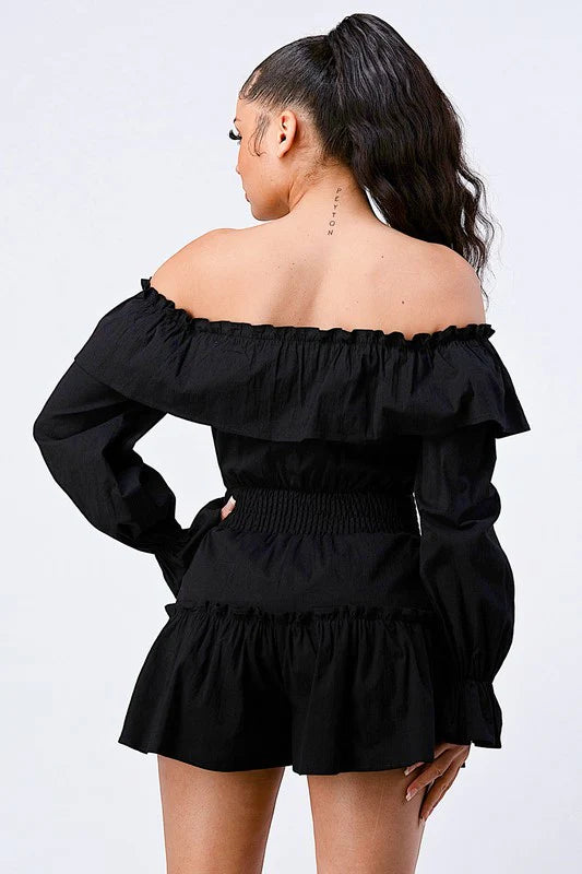 Bella Moda Latina off shoulder ruffled layered romper with puff sleeves in a stylish design, perfect for summer outings.