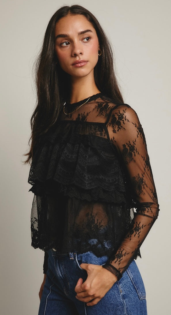 Bella Moda Latina lace ruffle layering blouse with intricate lace details and layered ruffle accents.
