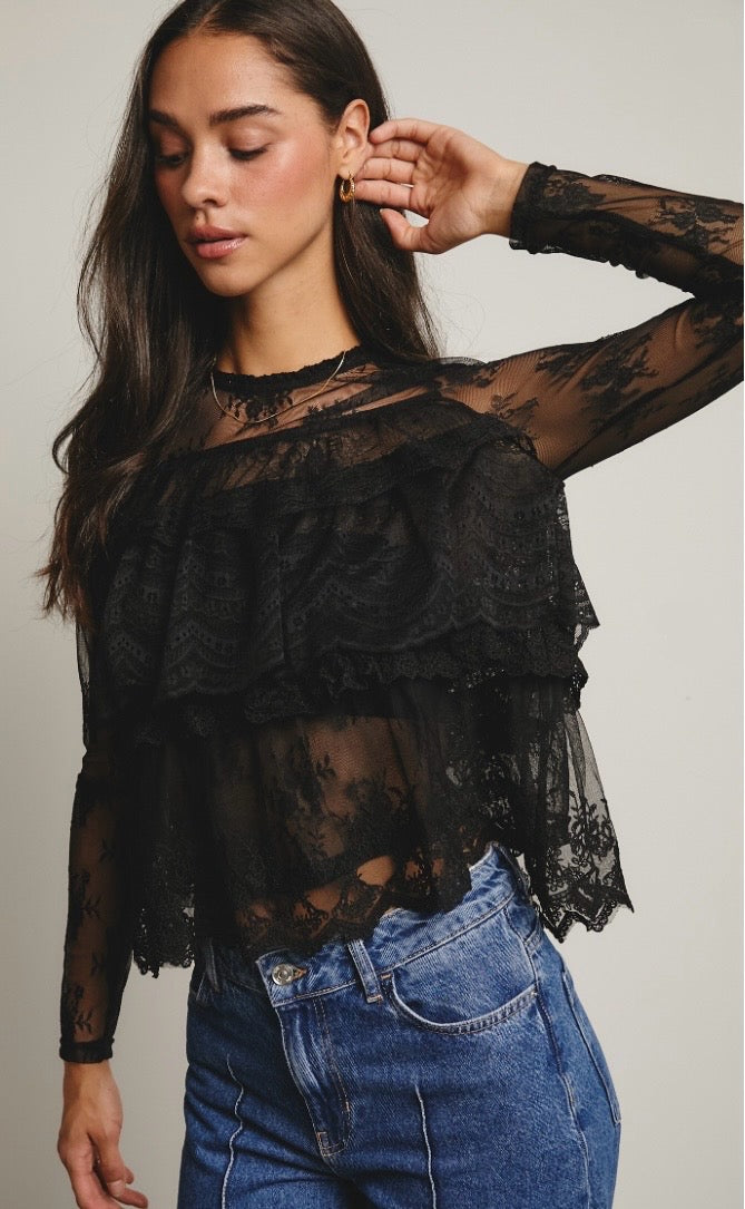 Lace ruffle layering blouse by Bella Moda Latina featuring delicate lace details and flowing fabric.