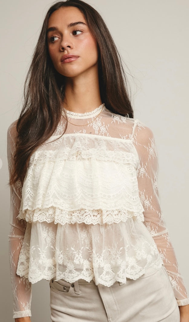 Lace ruffle layering blouse by Bella Moda Latina featuring delicate lace details and feminine ruffle accents.