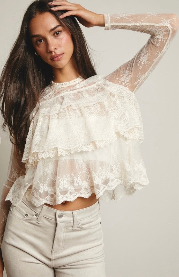 Bella Moda Latina lace ruffle layering blouse with intricate details and feminine design, shown on a hanger.