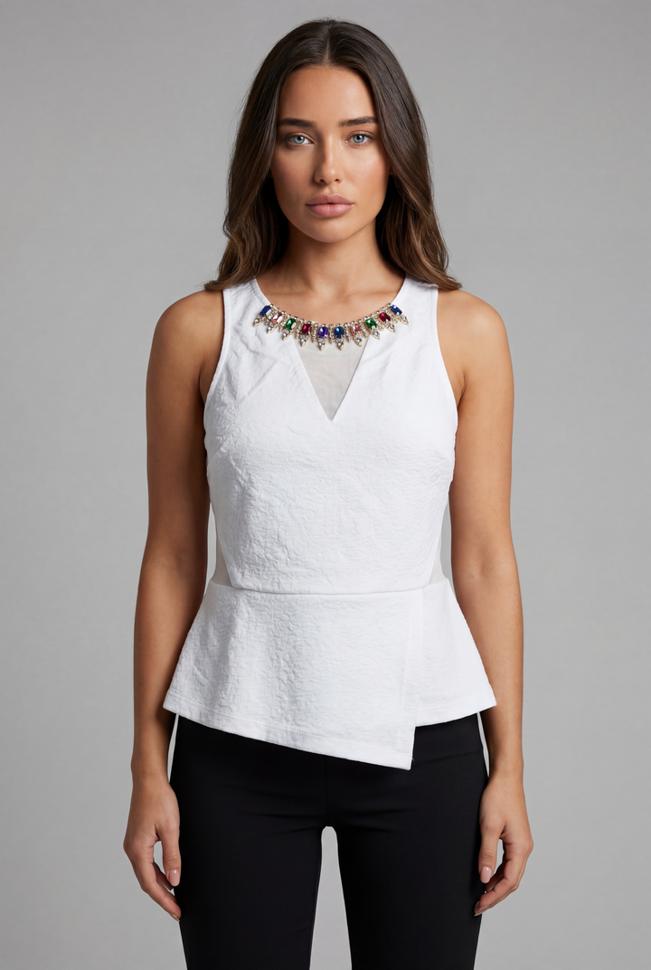 Elegant Embellished Peplum Top – White
