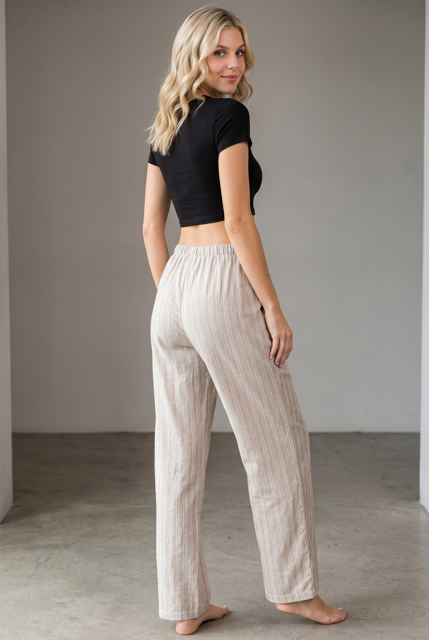 Striped Linen Blend Drawstring Pants