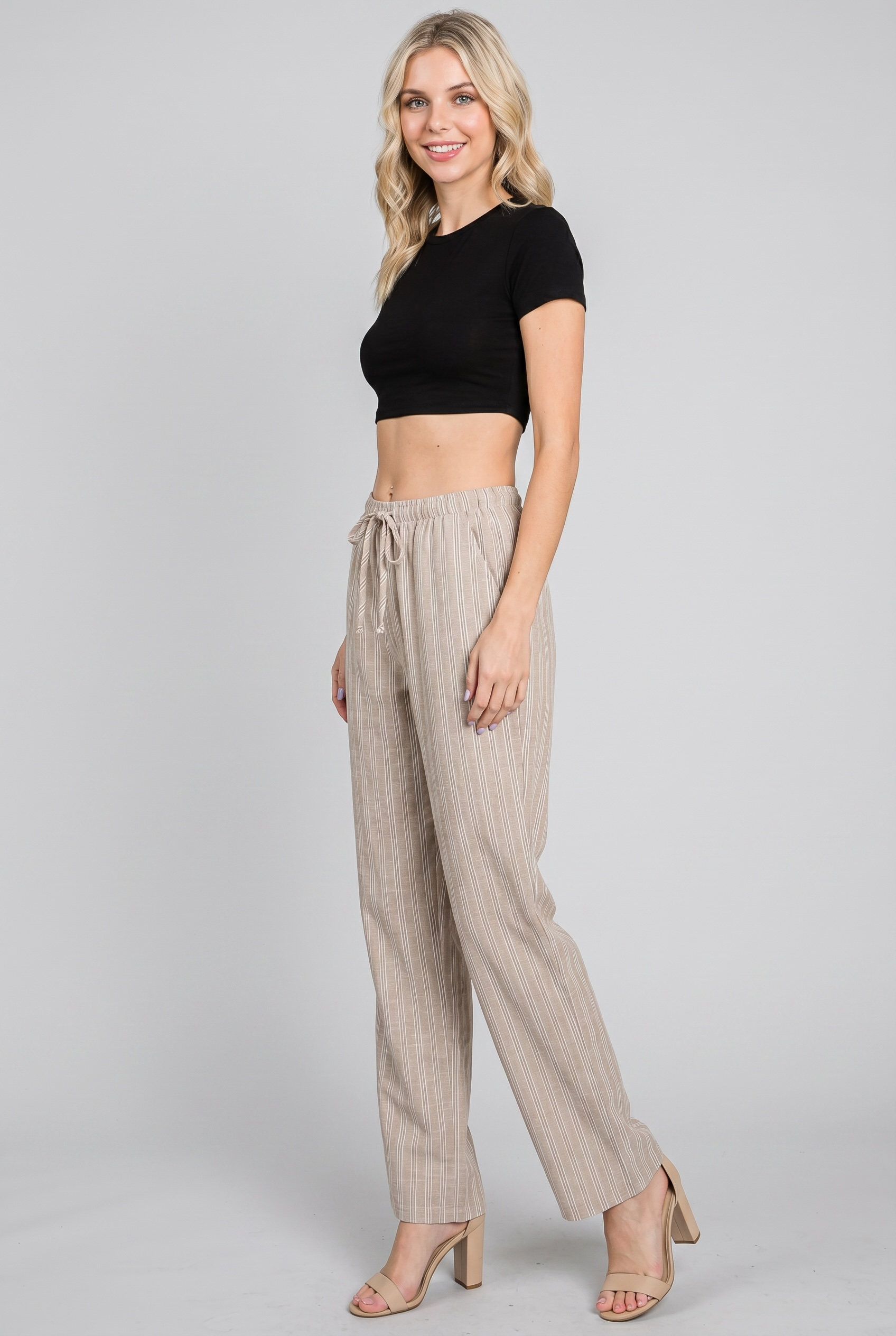 Striped Linen Blend Drawstring Pants