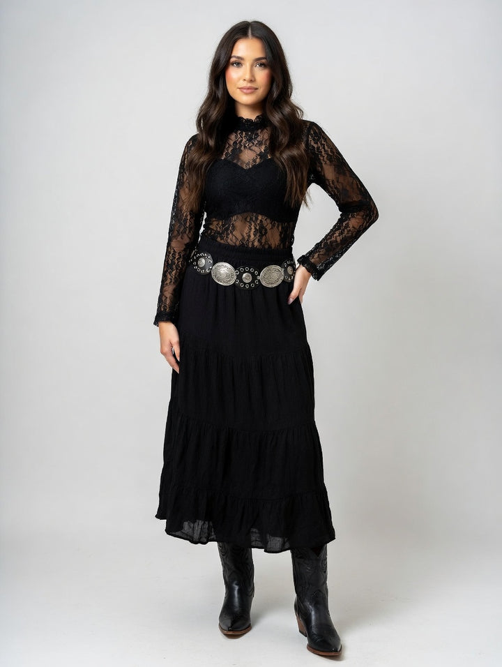 Black Tiered Maxi Skirt with Western Concho Belt
