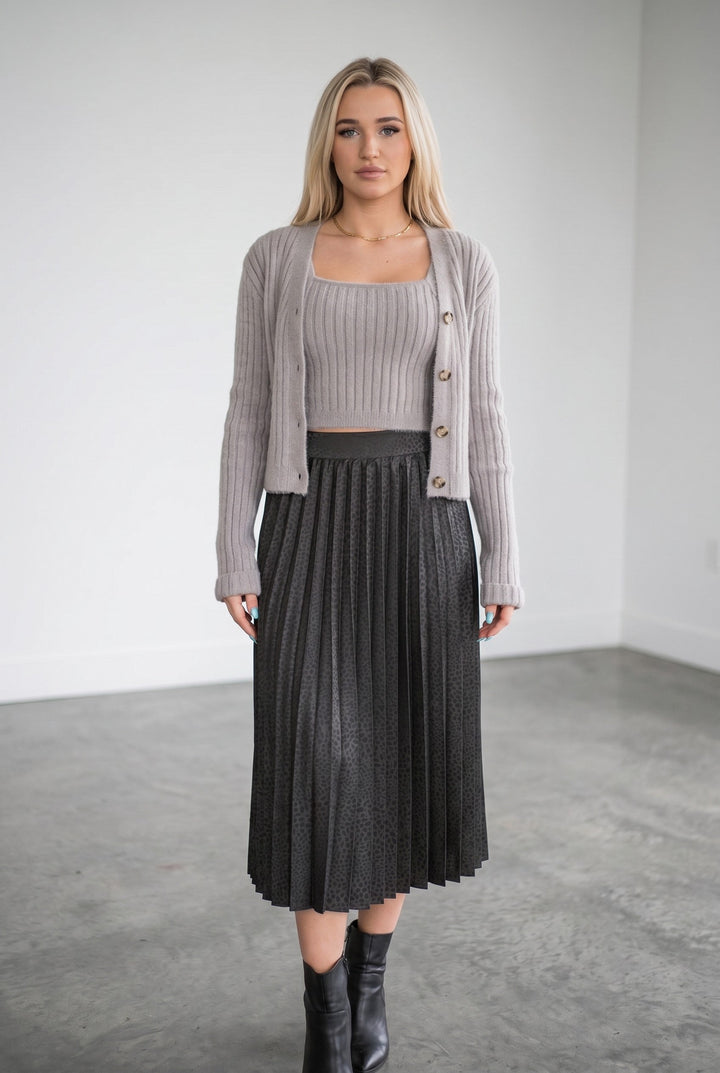 Leopard Satin Pleated Midi Skirt