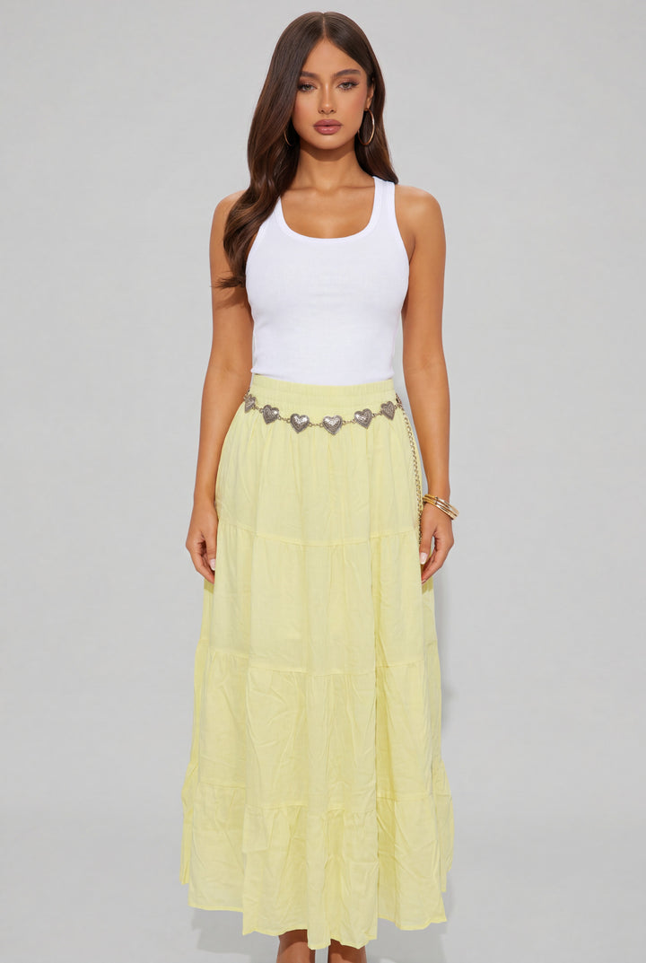 Tiered Crinkle Maxi Skirt with Heart Chain Belt