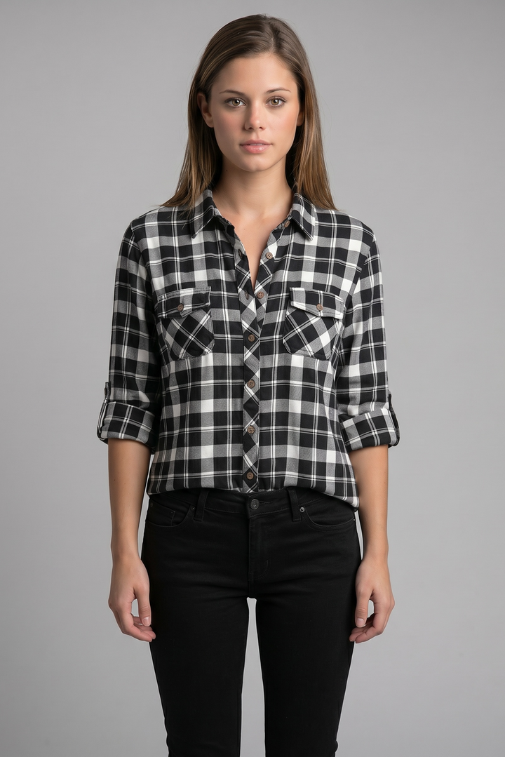 Black & White Plaid Button-Up Flannel Shirt