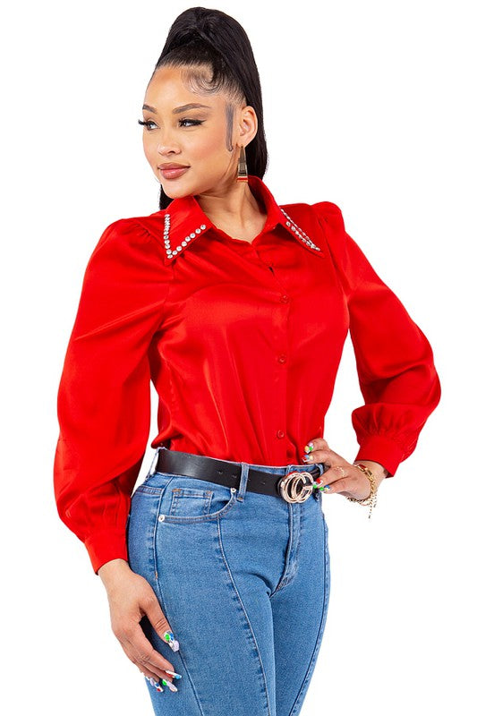 Diamond Collared Button Down Shirt - Vella Moda
