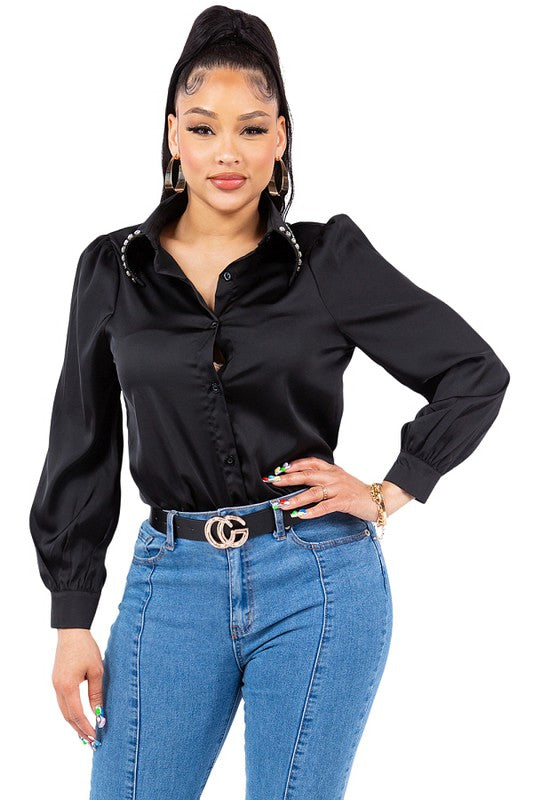 Diamond Collared Button Down Shirt - Vella Moda