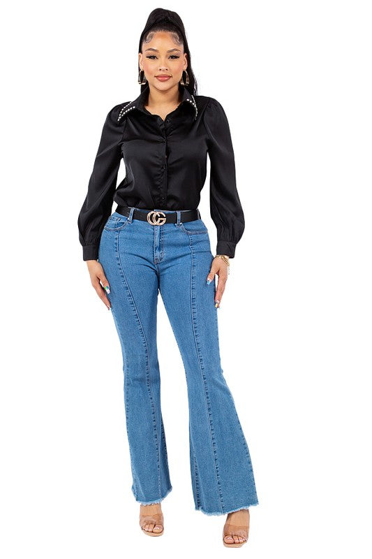 Diamond Collared Button Down Shirt - Vella Moda
