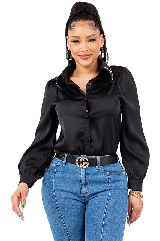 Diamond Collared Button Down Shirt - Vella Moda