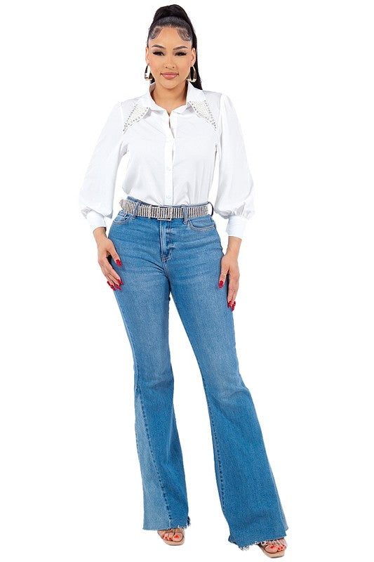 Pearl Collared Button Down Shirt - Vella Moda