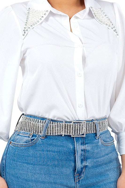 Pearl Collared Button Down Shirt - Vella Moda