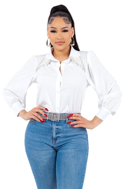 Pearl Collared Button Down Shirt - Vella Moda
