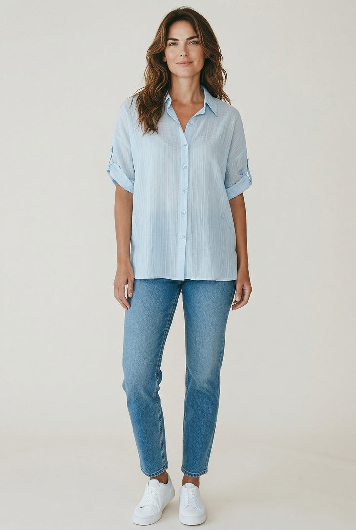 Crinkle Gauze Oversized Button-Up Shirt