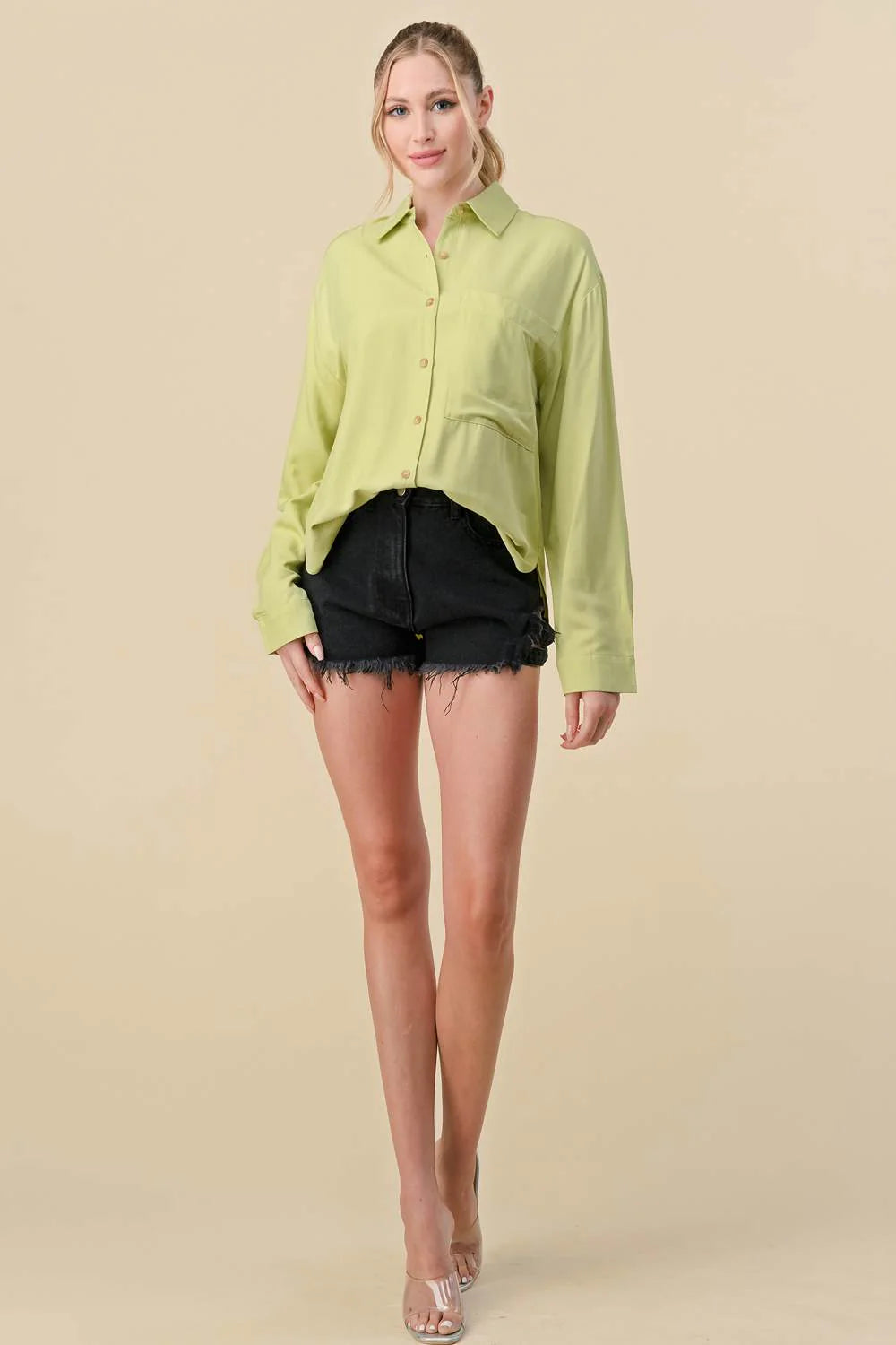 Bella Moda Latina basic collared button-down long sleeve shirt, featuring a classic design with a front button closure and collar.