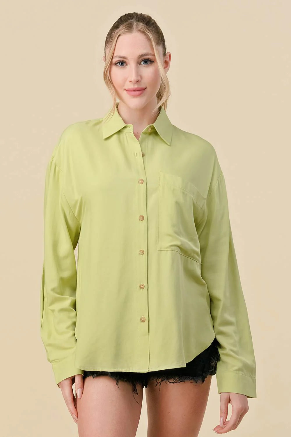 Bella Moda Latina basic collared button-down long sleeve shirt, stylish top for casual or professional wear, in a versatile design.