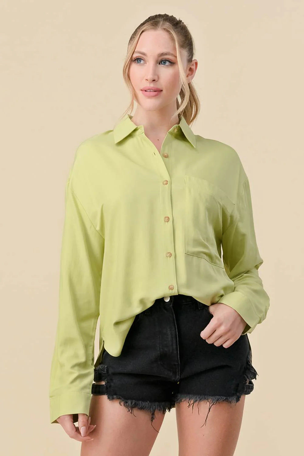 Bella Moda Latina basic collared button-down long sleeve shirt, black tops with a classic collar and front buttons.