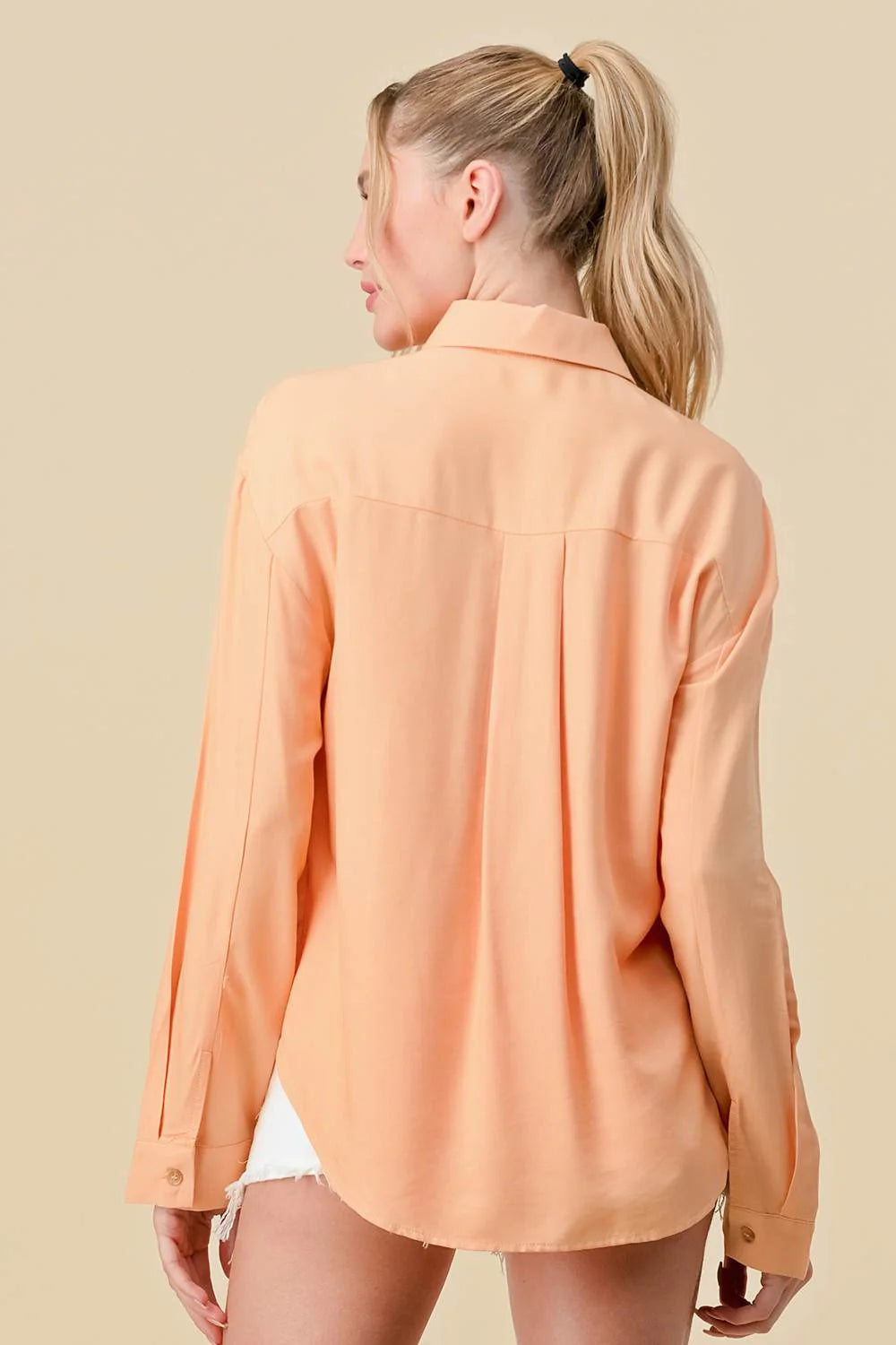 Bella Moda Latina long sleeve collared button-down shirt, casual tops with classic design and front buttons.
